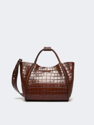 Pequena bolsa marinha em pele com padrão de crocodilo, castanha