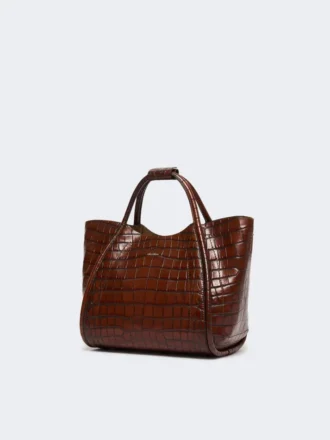 Pequena bolsa marinha em pele com padrão de crocodilo, castanha
