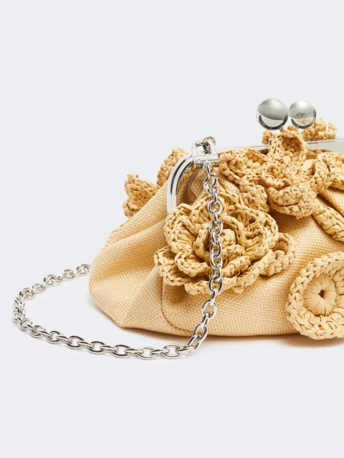 Pequena bolsa Pasticcino com efeito de ráfia e flores, bege