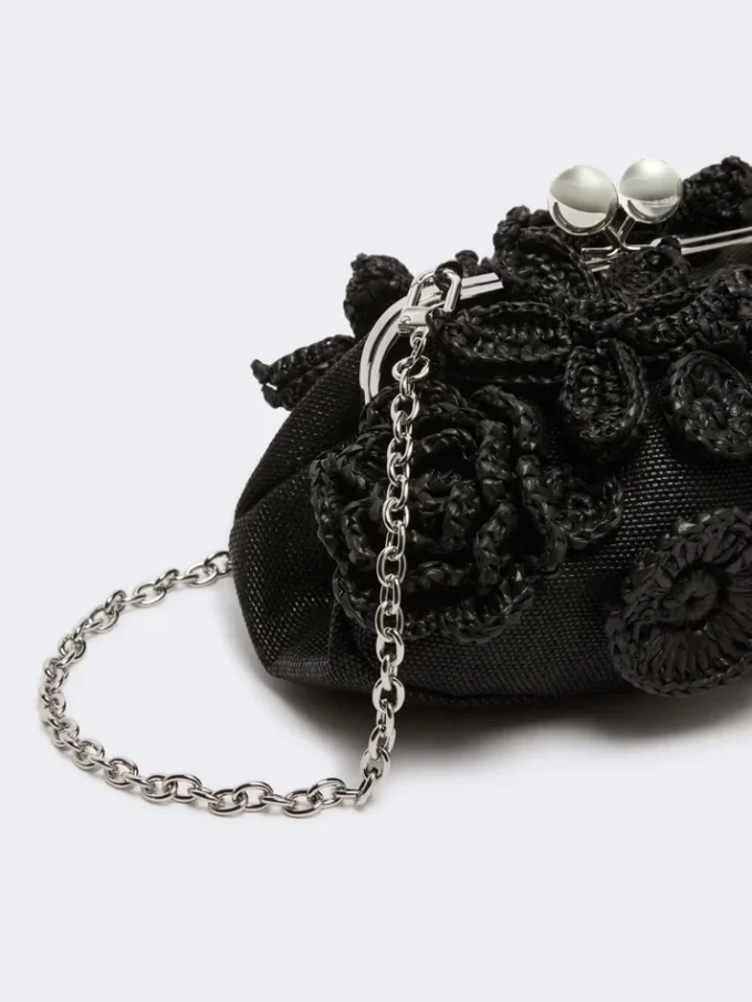 Pequena bolsa Pasticcino com efeito de ráfia e flores, preta