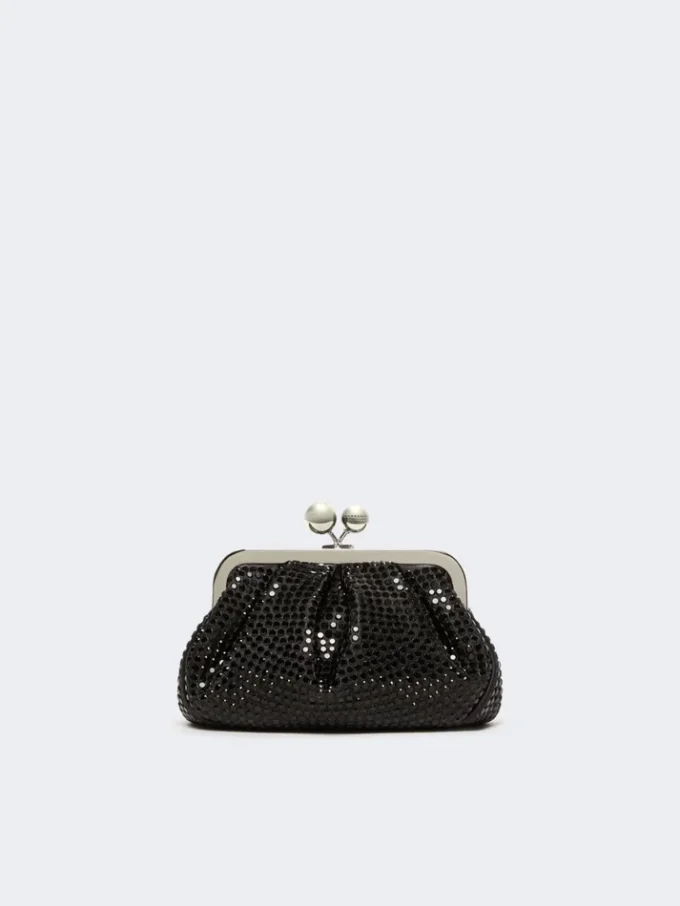 Pequena bolsa Pasticcino em cetim adornada com strass, cinzento escuro