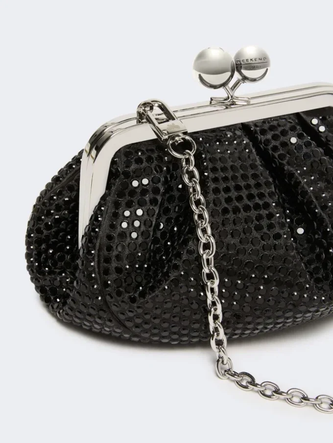 Pequena bolsa Pasticcino em cetim adornada com strass, cinzento escuro