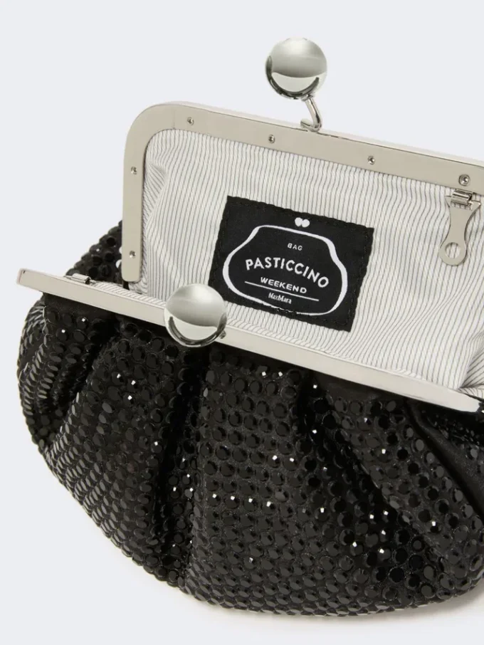 Pequena bolsa Pasticcino em cetim adornada com strass, cinzento escuro