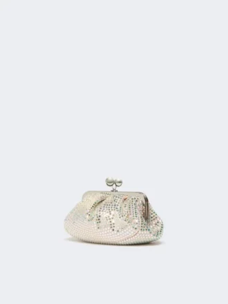 Pequena bolsa Pasticcino em cetim adornada com strass, rosa antigo