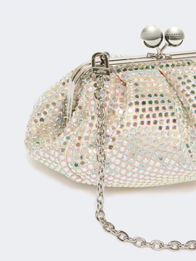 Pequena bolsa Pasticcino em cetim adornada com strass, rosa antigo