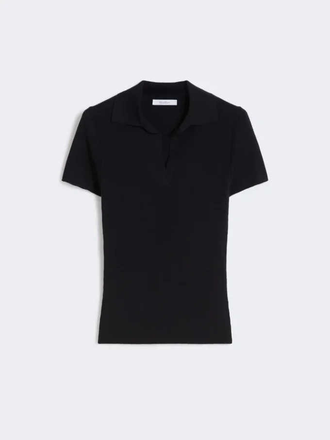 Polo de malha canelada em lã, azul ultramar Polo de malha canelada em lã, azul ultramar
