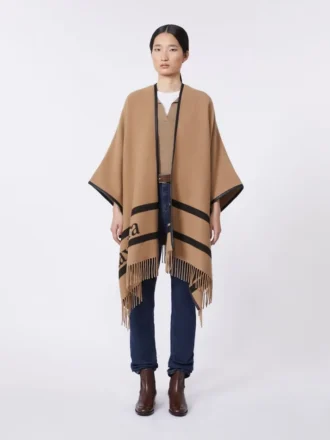 Poncho em lã jacquard, cor camelo