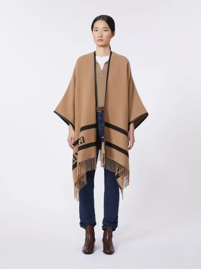 Poncho em lã jacquard, cor camelo Poncho em lã jacquard, cor camelo
