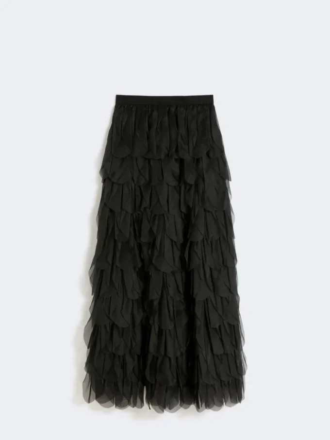 Saia comprida com pétalas em organza de seda, preta