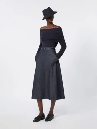 Saia midi em algodão com efeito denim, azul-escuro