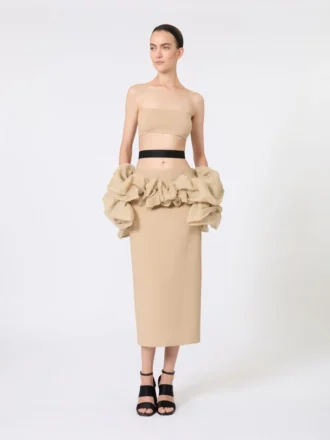 Saia midi em jersey de viscose com folhos, cor camelo
