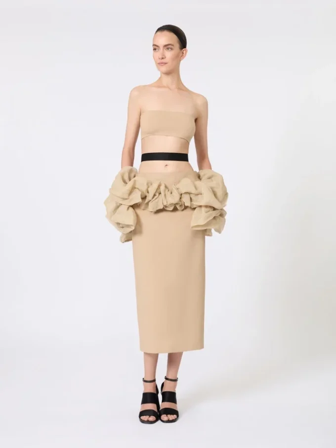 Saia midi em jersey de viscose com folhos, cor camelo Saia midi em jersey de viscose com folhos, cor camelo