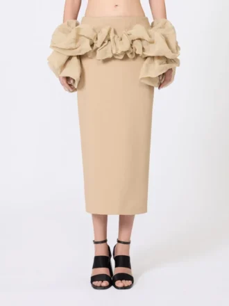 Saia midi em jersey de viscose com folhos, cor camelo