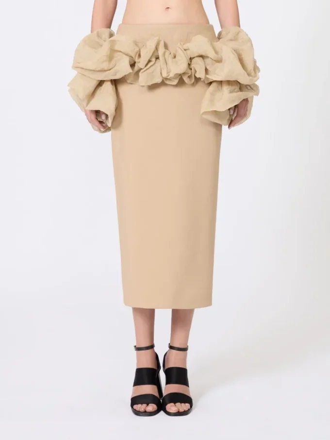 Saia midi em jersey de viscose com folhos, cor camelo Saia midi em jersey de viscose com folhos, cor camelo
