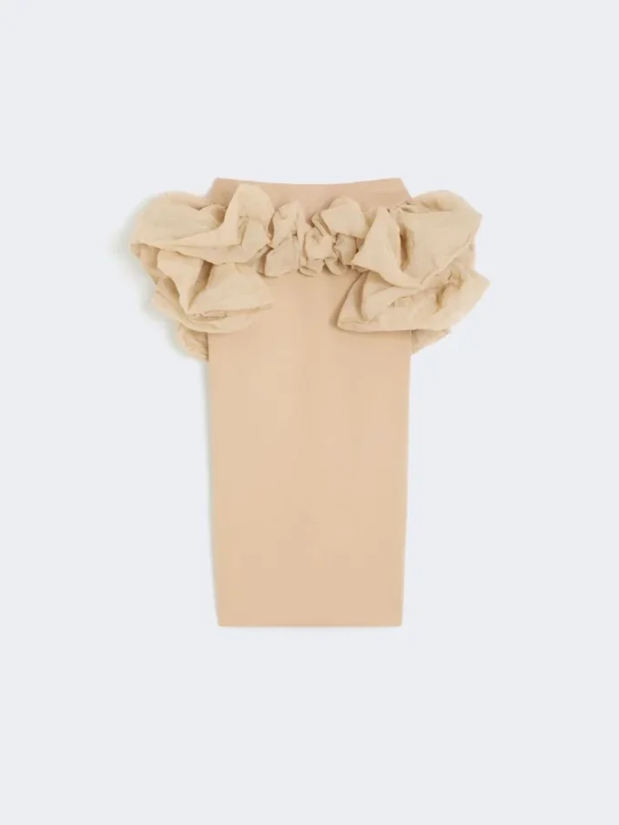 Saia midi em jersey de viscose com folhos, cor camelo Saia midi em jersey de viscose com folhos, cor camelo