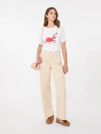 T-shirt de algodão com estampado e bordados, branca