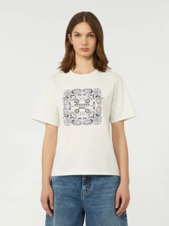 T-shirt de algodão com estampado e bordados, branca