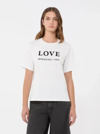 T-shirt em jersey com estampado e bordados, branca