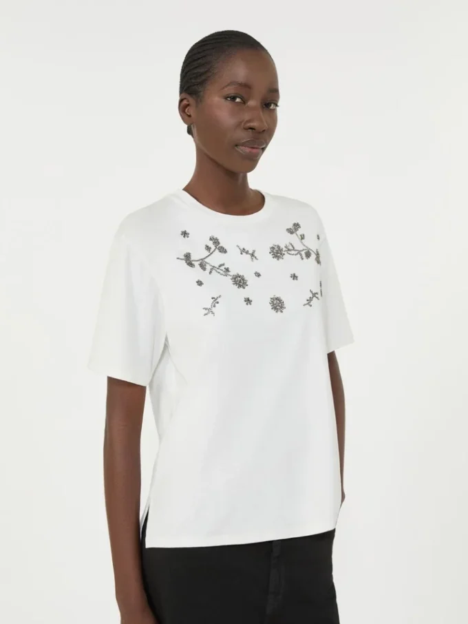 T-shirt em jersey com estampado e bordados, branca T-shirt em jersey com estampado e bordados, branca