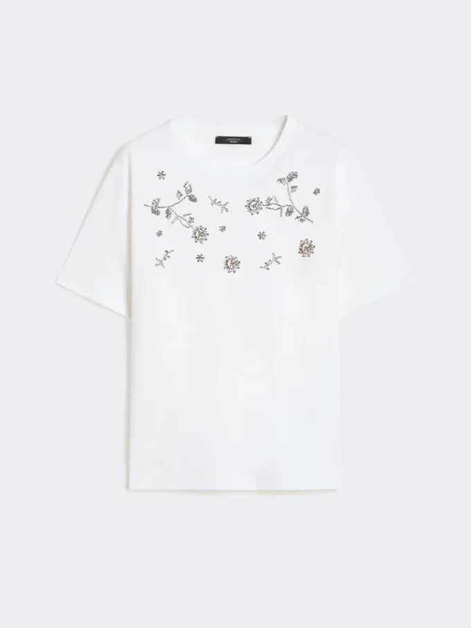 T-shirt em jersey com estampado e bordados, branca T-shirt em jersey com estampado e bordados, branca