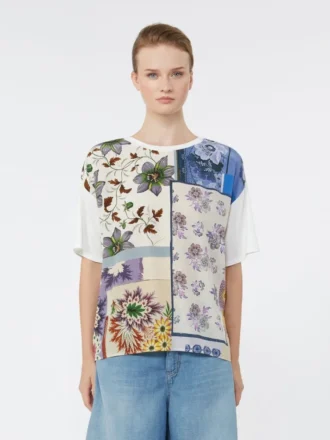 T-shirt em jersey de seda estampada e algodão elástico, multicolorida
