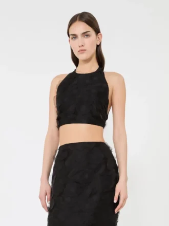 Top curto em jacquard de seda fil coupa, preto