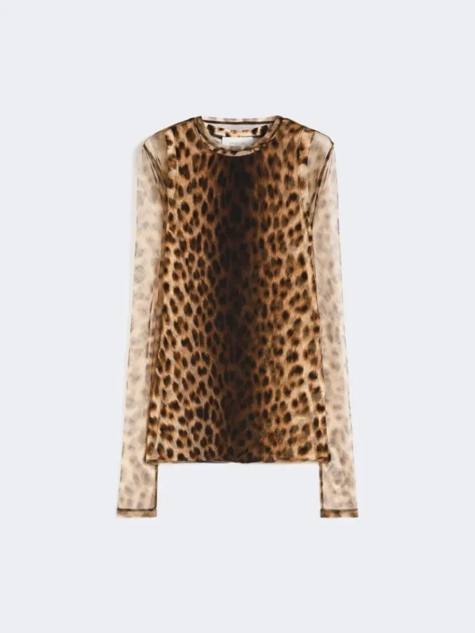 Top em dois materiais com padrão animal, em tons de bege