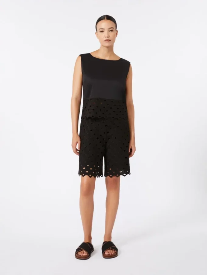 Top em popeline e renda de macramé, preto Top em popeline e renda de macramé, preto