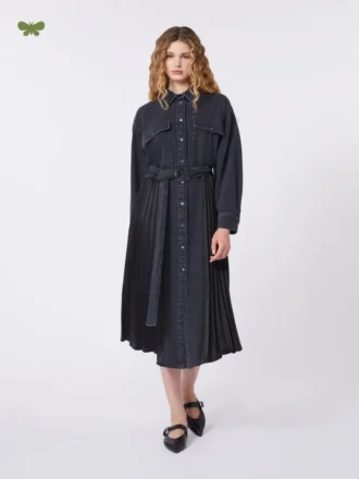 Vestido camisa em ganga e cetim, preto