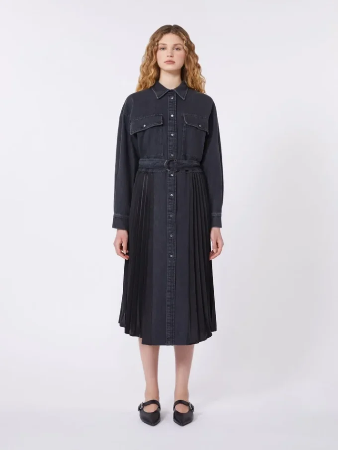 Vestido camisa em ganga e cetim, preto Vestido camisa em ganga e cetim, preto