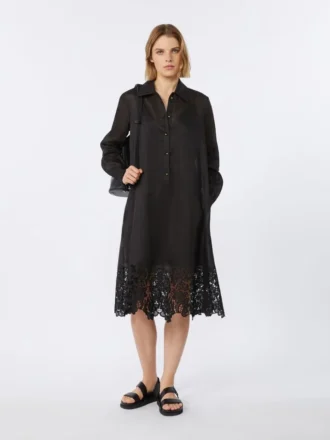 Vestido camisa em gaze de rami bordada, preto
