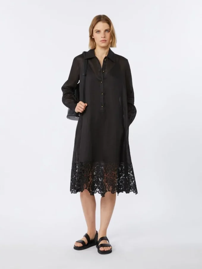 Vestido camisa em gaze de rami bordada, preto Vestido camisa em gaze de rami bordada, preto