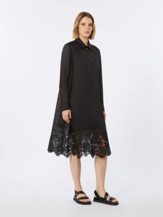 Vestido camisa em gaze de rami bordada, preto