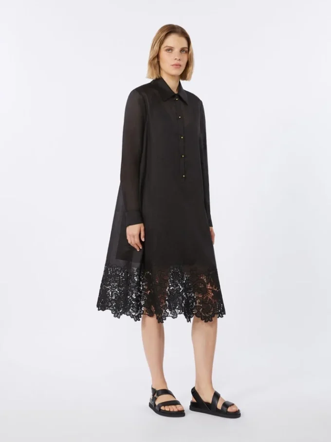 Vestido camisa em gaze de rami bordada, preto Vestido camisa em gaze de rami bordada, preto