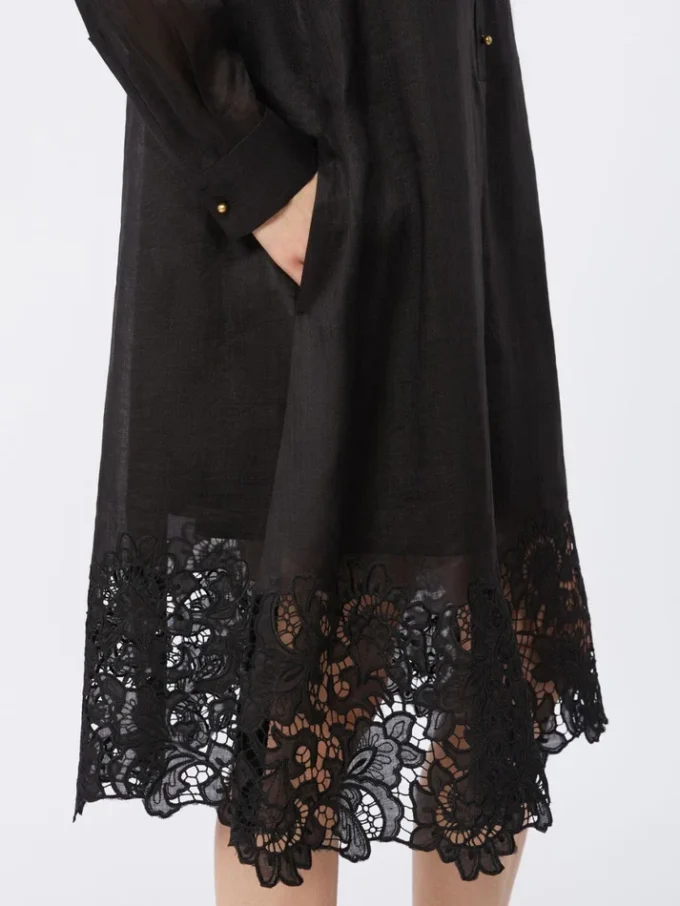 Vestido camisa em gaze de rami bordada, preto Vestido camisa em gaze de rami bordada, preto