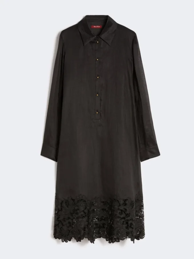 Vestido camisa em gaze de rami bordada, preto Vestido camisa em gaze de rami bordada, preto