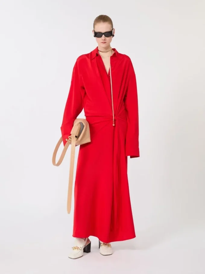 Vestido camisa em seda elástica, vermelho