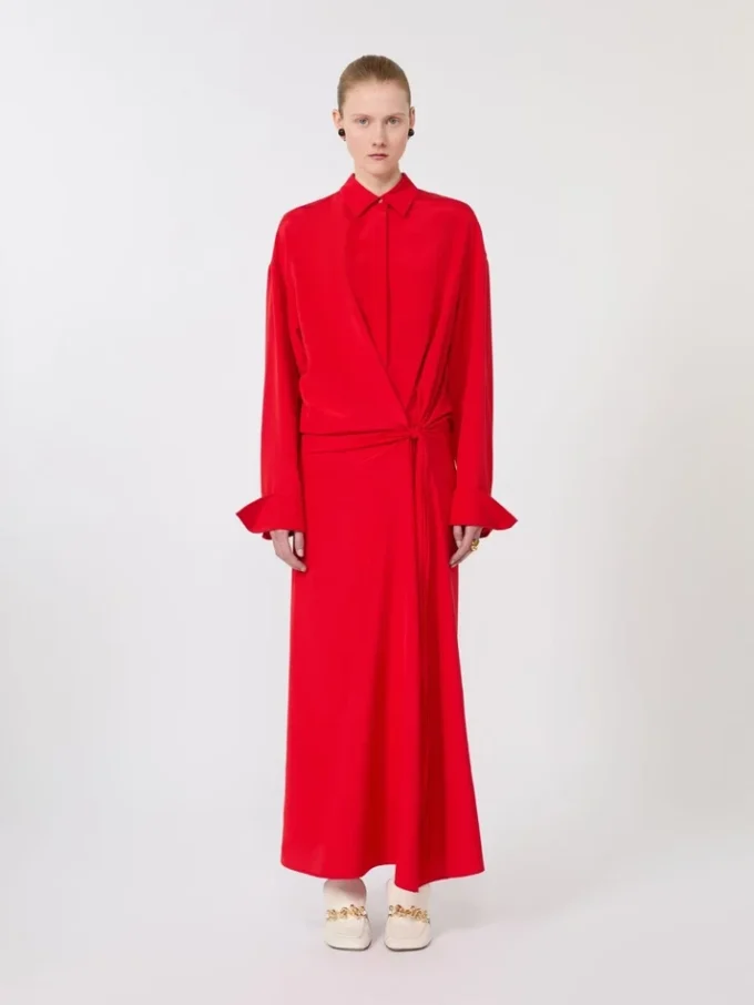 Vestido camisa em seda elástica, vermelho