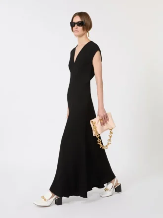 Vestido comprido com decote em V em canneta, preto