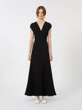 Vestido comprido com decote em V em canneta, preto