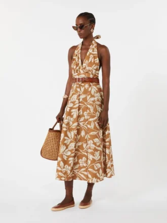 Vestido comprido em popeline estampado, cor caramelo