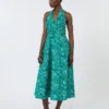 Vestido comprido em popeline estampado, esmeralda
