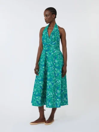 Vestido comprido em popeline estampado, esmeralda
