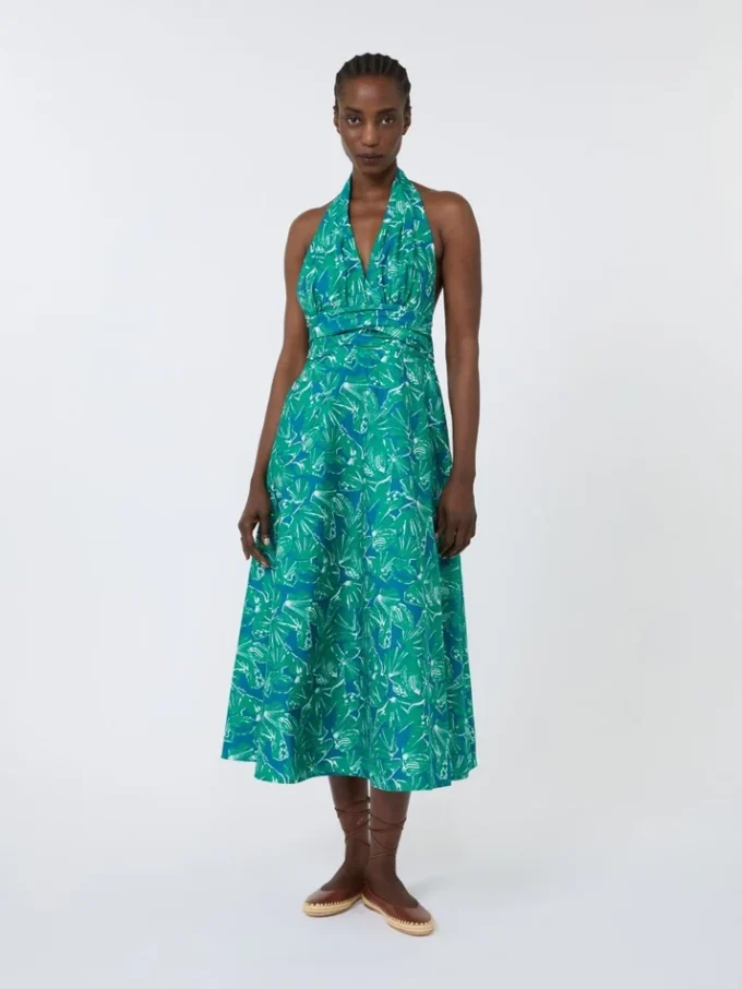 Vestido comprido em popeline estampado, esmeralda