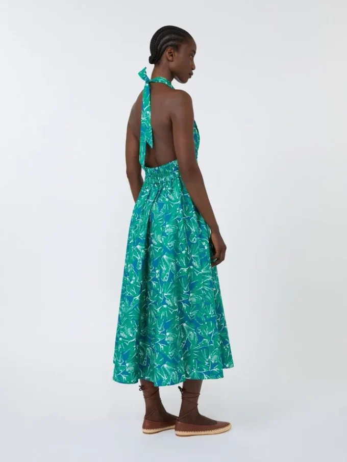 Vestido comprido em popeline estampado, esmeralda