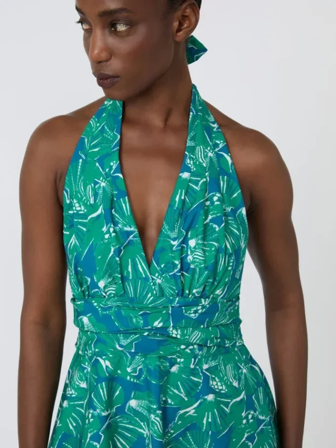 Vestido comprido em popeline estampado, esmeralda