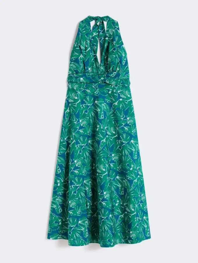 Vestido comprido em popeline estampado, esmeralda