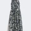 Vestido de algodão estampado com cinto, azul ultramar