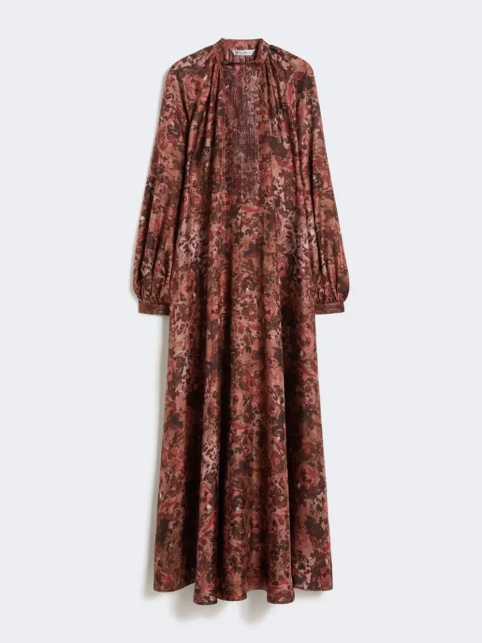 Vestido de seda estampado com corte evasê, cor bordô