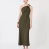 Vestido de um ombro só em cetim brilhante, verde musgo Vestido de um ombro só em cetim brilhante, verde musgo